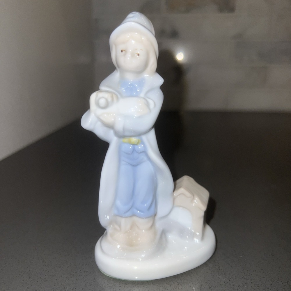Vintage K's Collection Ceramic Figurine Girl Carrying Dog Blue White